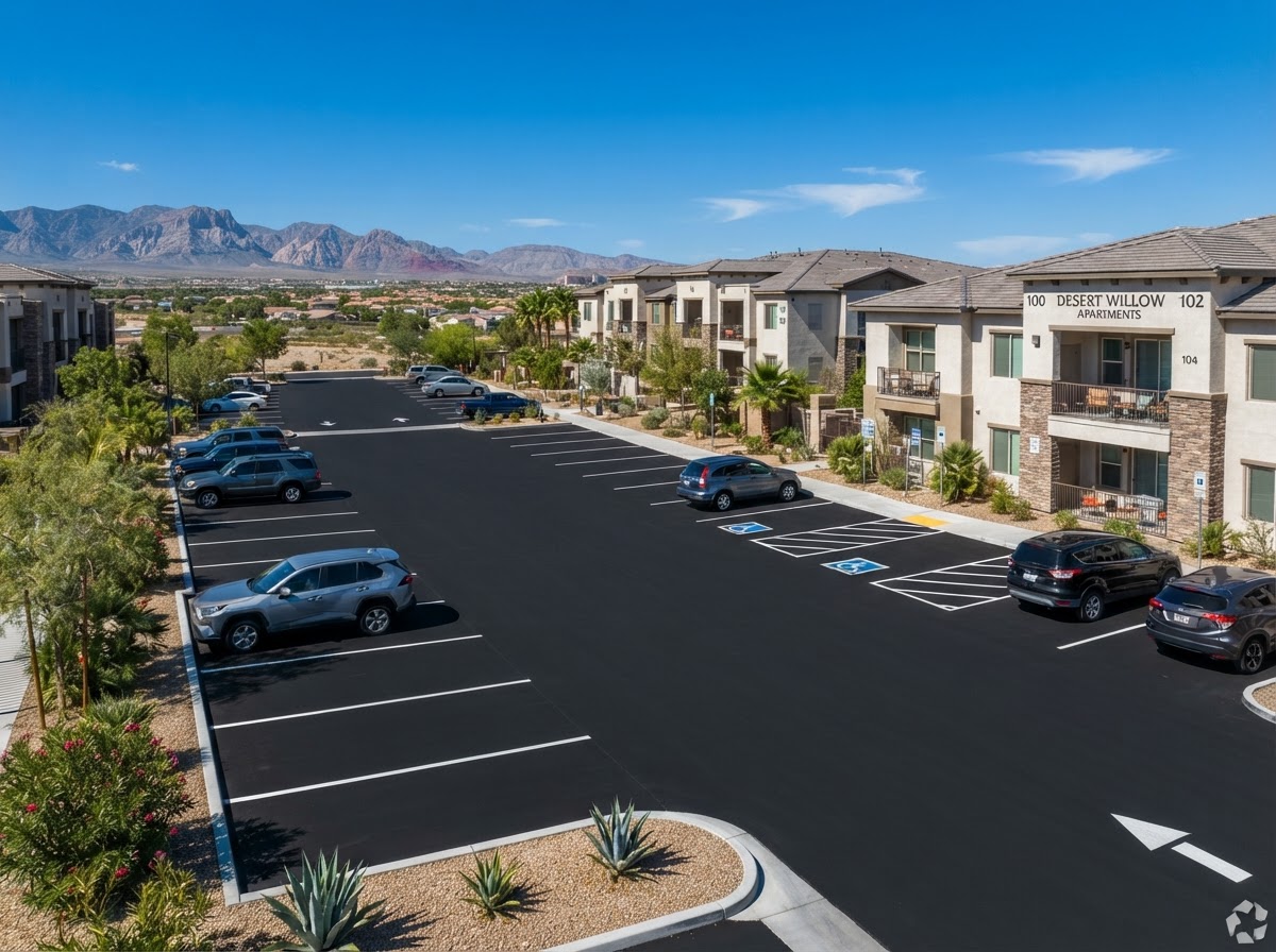 An apartment community parking lot with new asphalt and striping in Spring Valley, NV