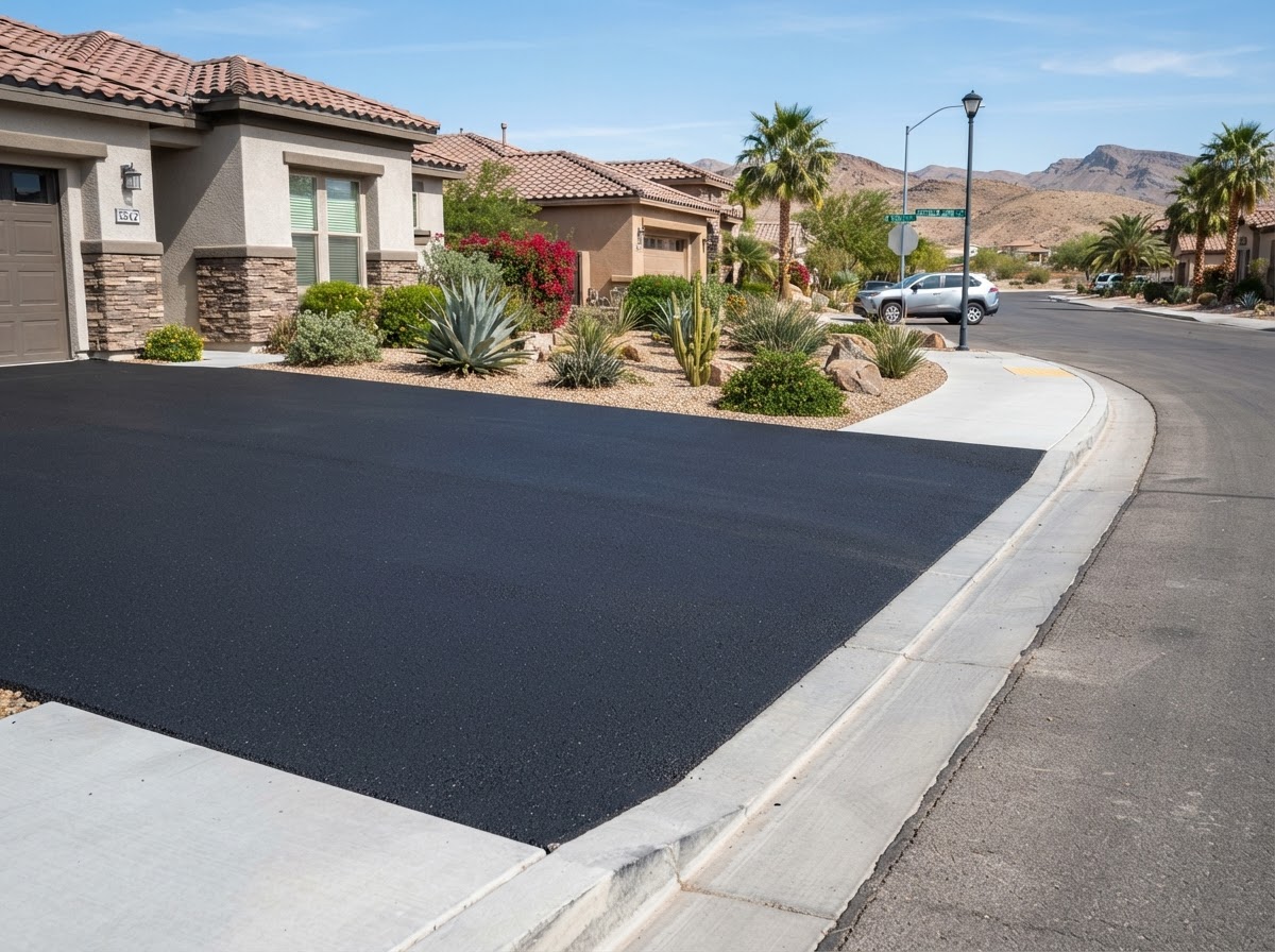 A freshly paved driveway with a clean apron meeting the street in Spring Valley, NV