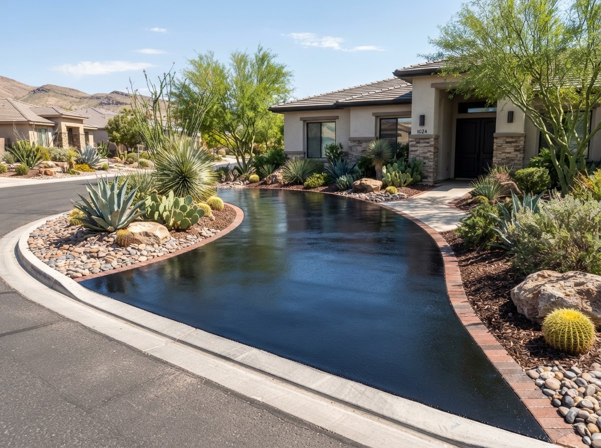 A residential driveway freshly sealcoated with a deep black finish in Spring Valley, NV