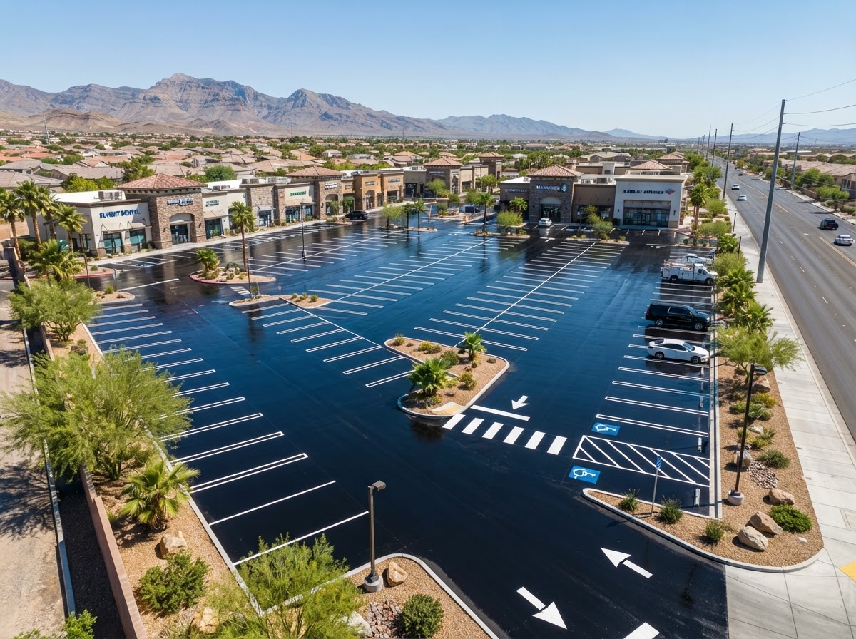A sealcoated commercial lot in Spring Valley, NV with restriping and a glossy black finish