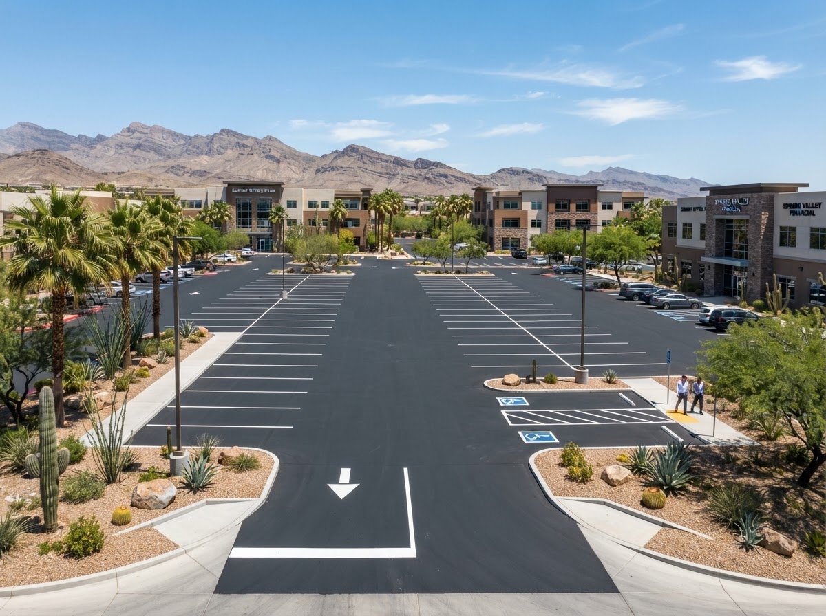 An office park parking lot freshly paved in Spring Valley, NV
