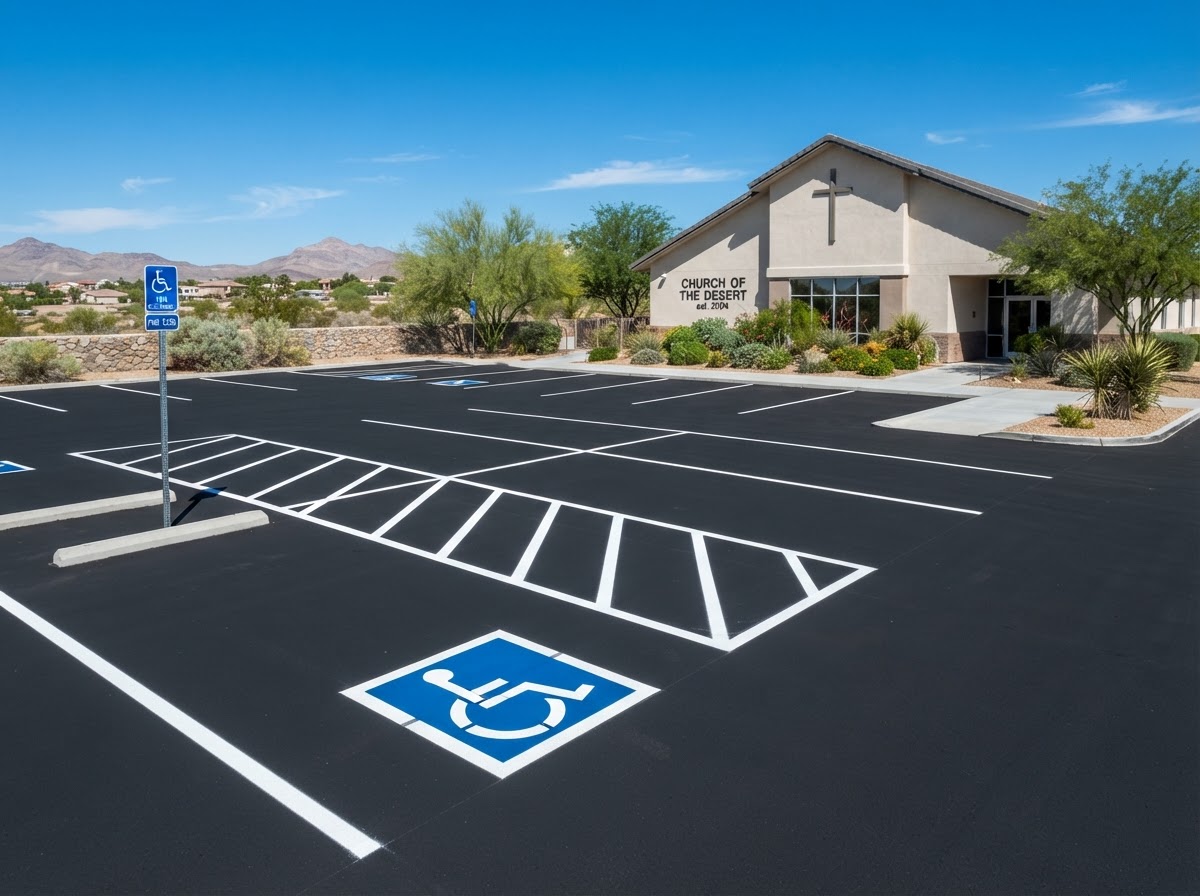 A church parking lot freshly paved with accessible parking markings in Spring Valley, NV