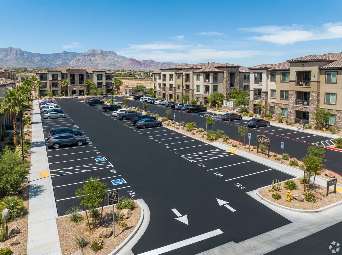 An apartment community parking lot in Spring Valley, NV with new asphalt and striping