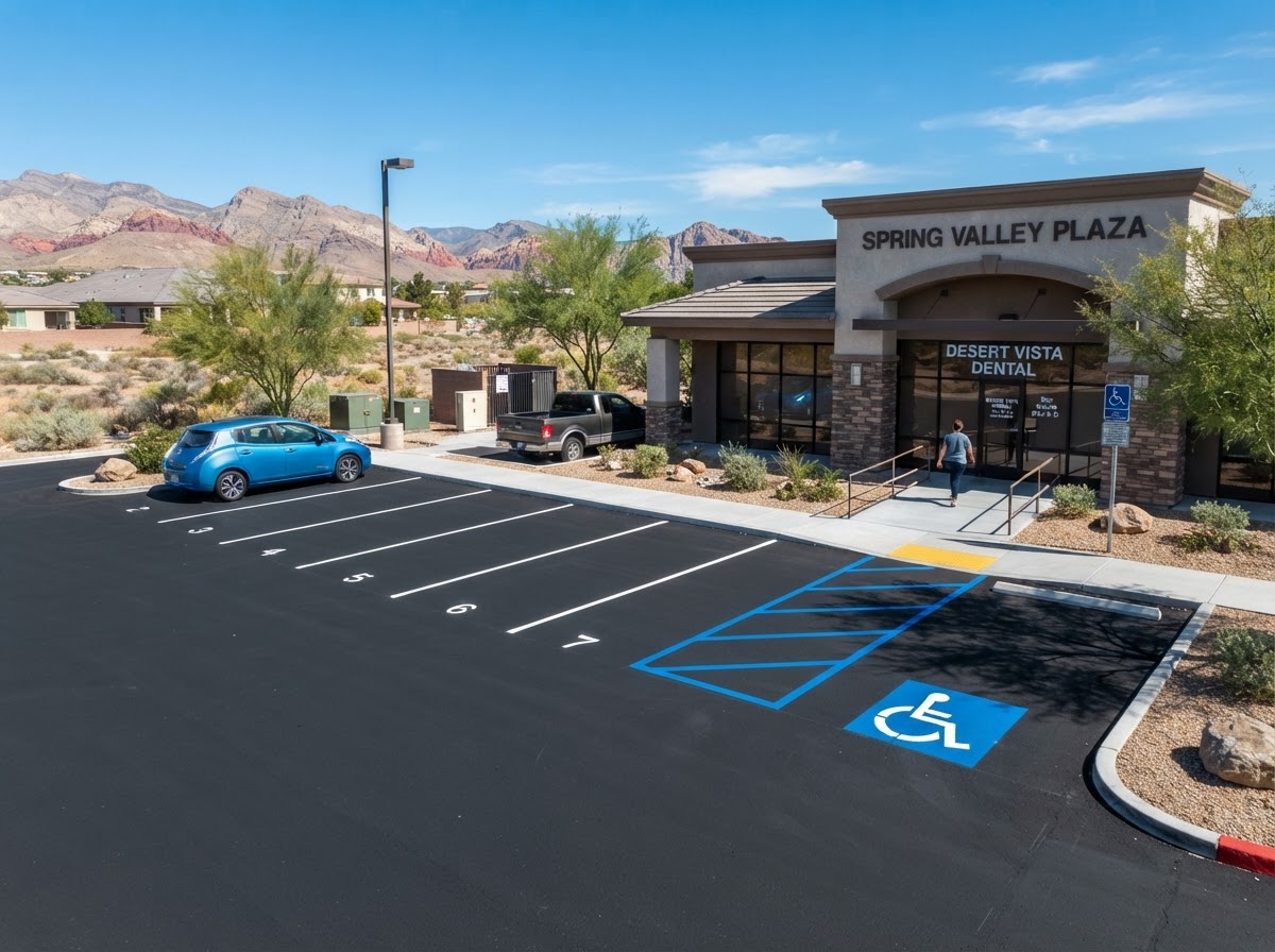 A small business parking lot with a clear accessible parking layout in Spring Valley, NV
