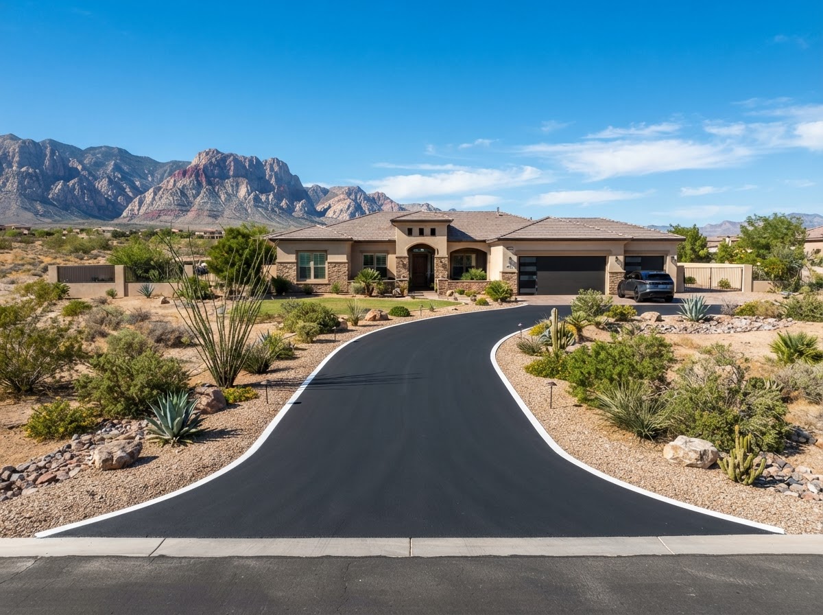 A long newly paved driveway on a larger lot in Spring Valley, NV