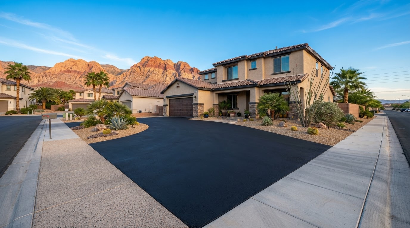 A freshly sealcoated driveway in front of a two story stucco home in a tidy Spring Valley, NV neighborhood with desert landscaping and Red Rock mountains in the distance