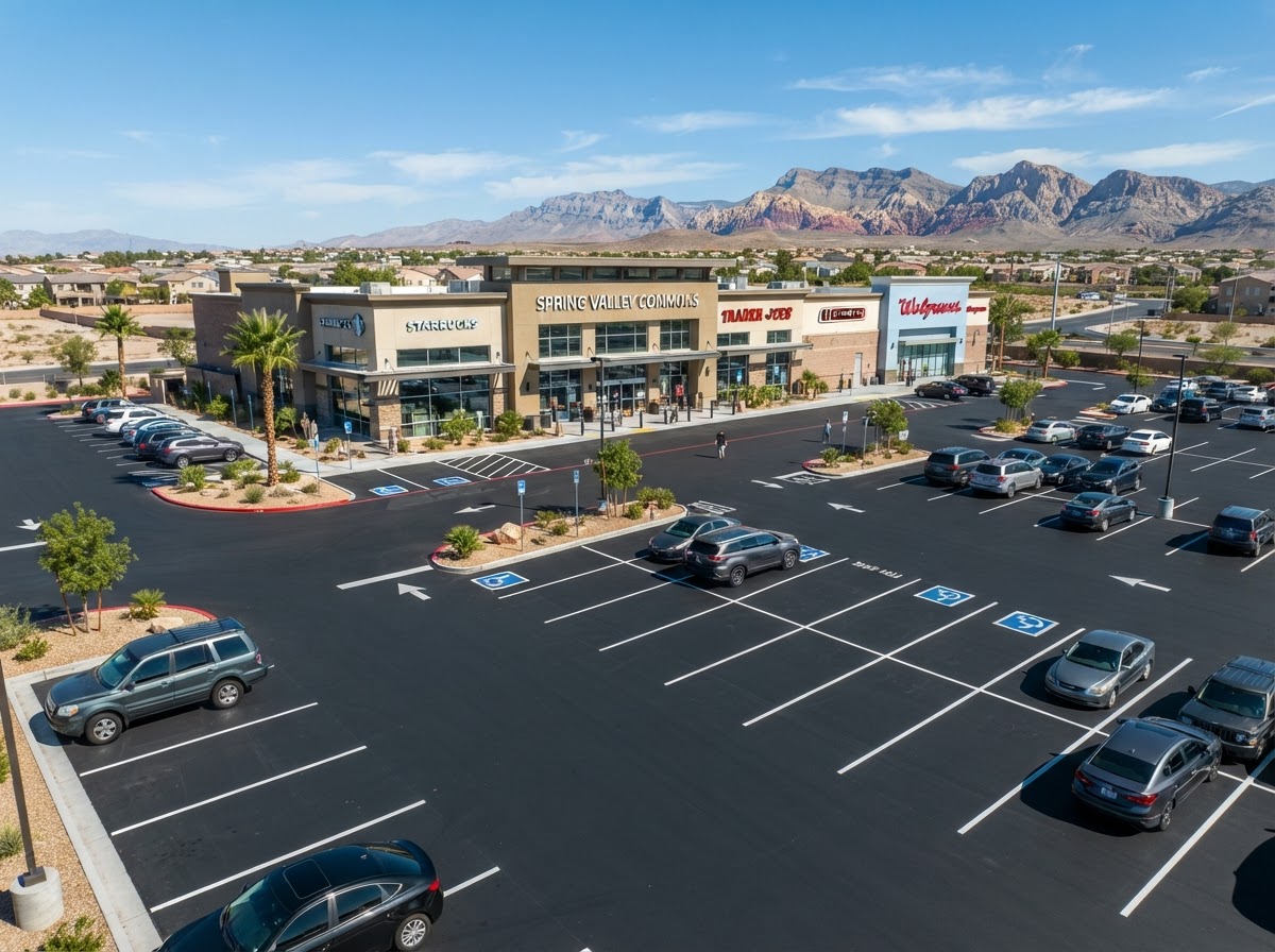A finished parking lot in Spring Valley, NV with fresh striping and clean drive lanes