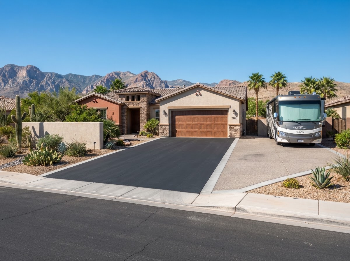 A widened driveway with RV pad in Spring Valley, NV paved in fresh black asphalt