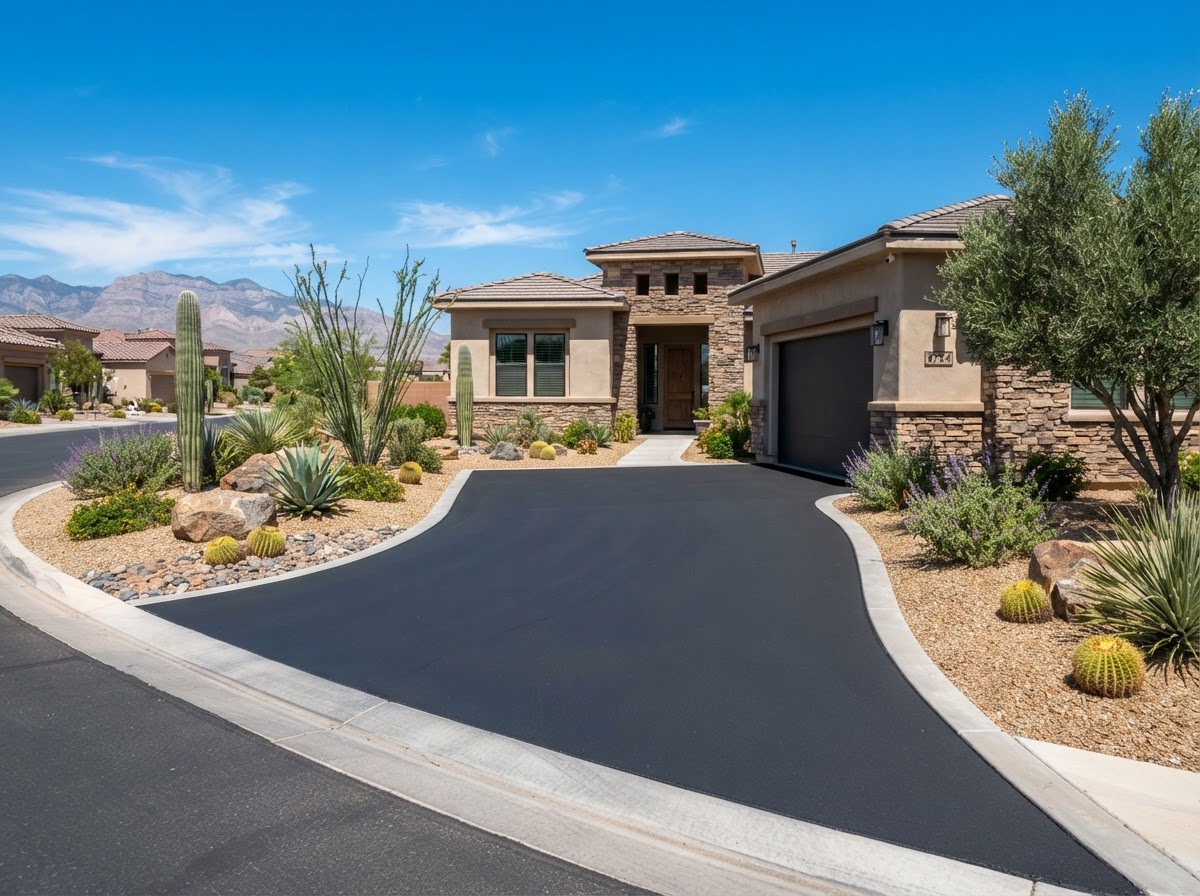 A freshly paved driveway in Spring Valley, NV with a smooth black surface and clean edges
