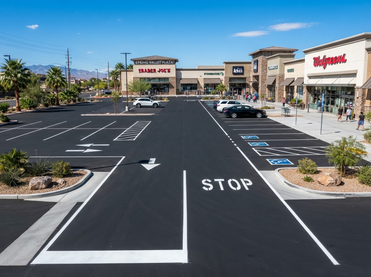 A retail center parking lot repaved with fresh striping in Spring Valley, NV