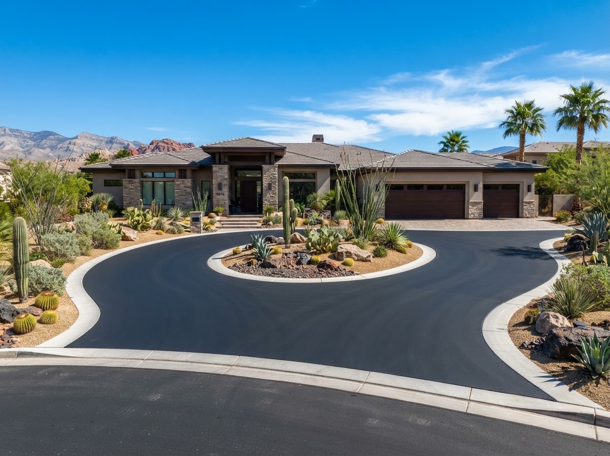 A curved circular asphalt driveway freshly paved in Spring Valley, NV