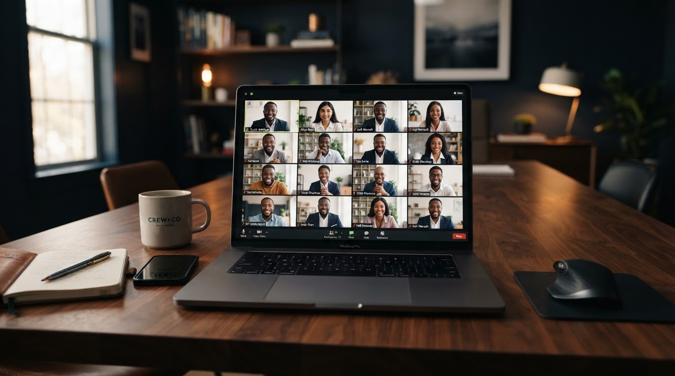 Online video conference assembly with participants on screen
