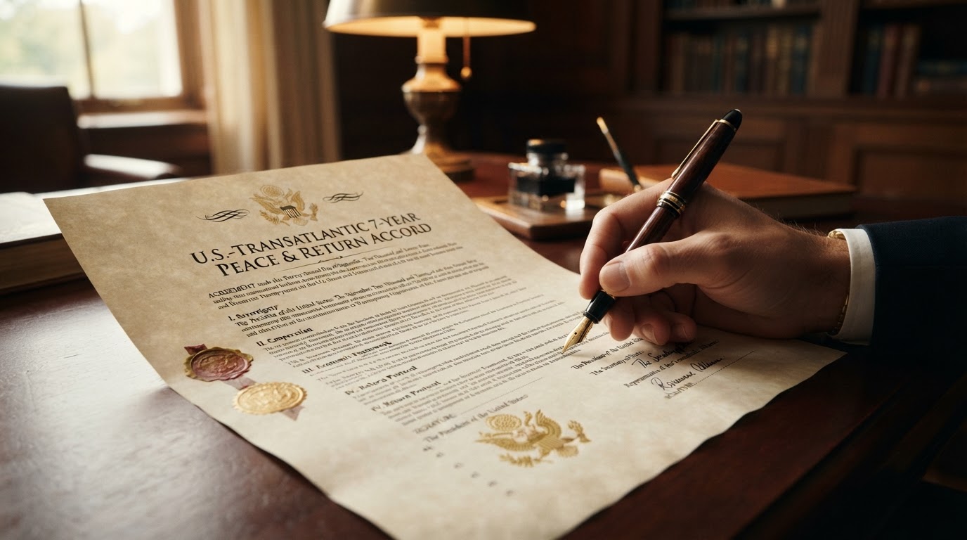 U.S.-Transatlantic 7-Year Peace & Return Accord document with pen