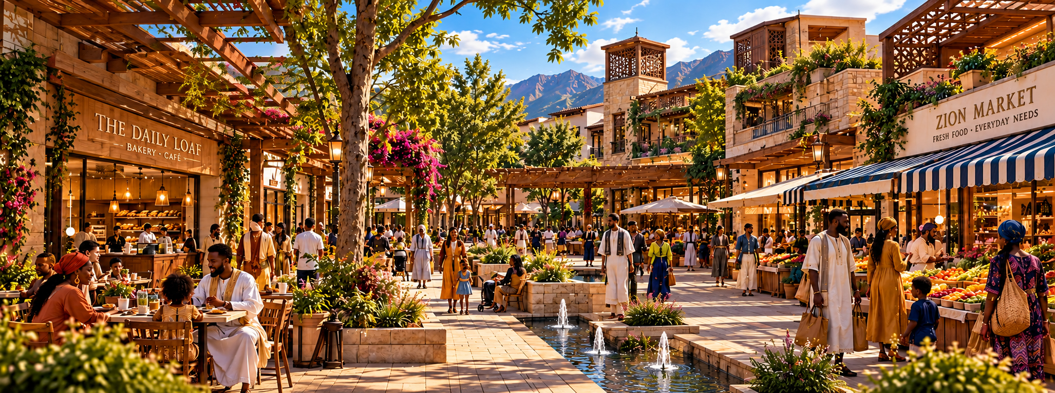 Functioning neighborhood economy: marketplace, cafe, bakery, shops, fountains, and pedestrian life