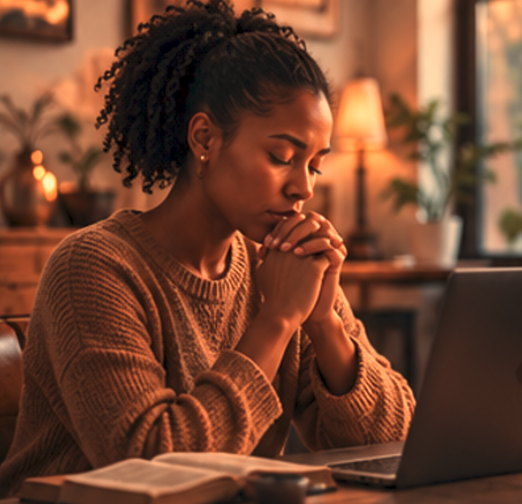 Woman praying at home in ordinary life with open Bible and laptop
