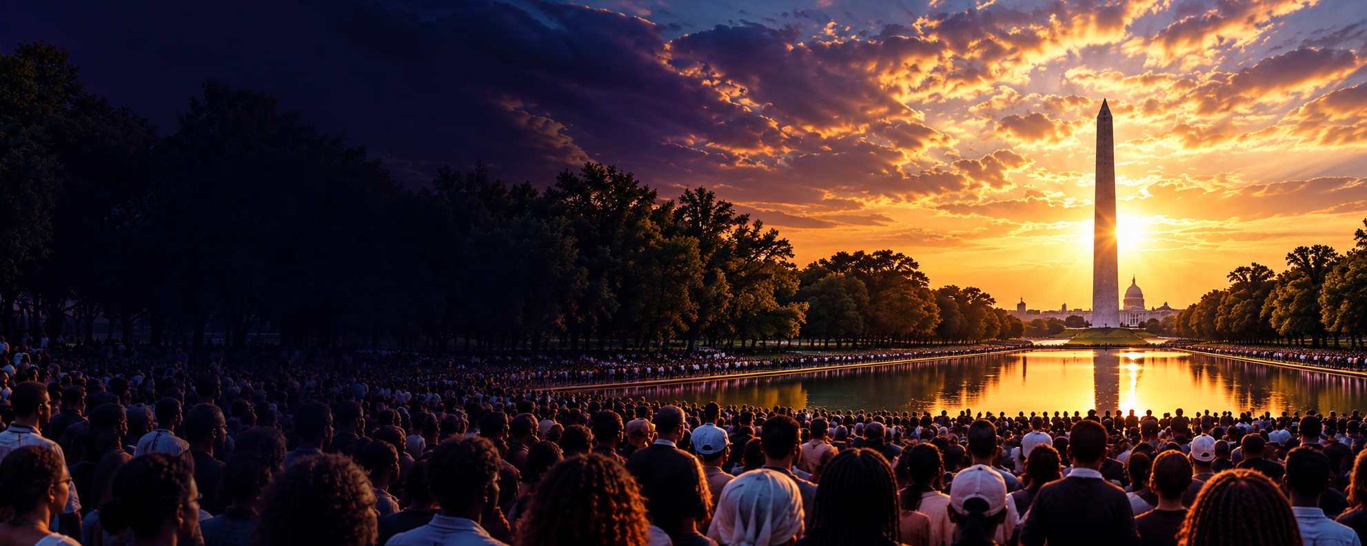 Washington Monument at dramatic sunset overlooking prayer assembly