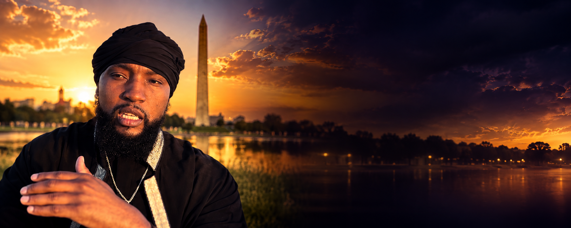 Brother Deshone before the Washington Monument at sunset