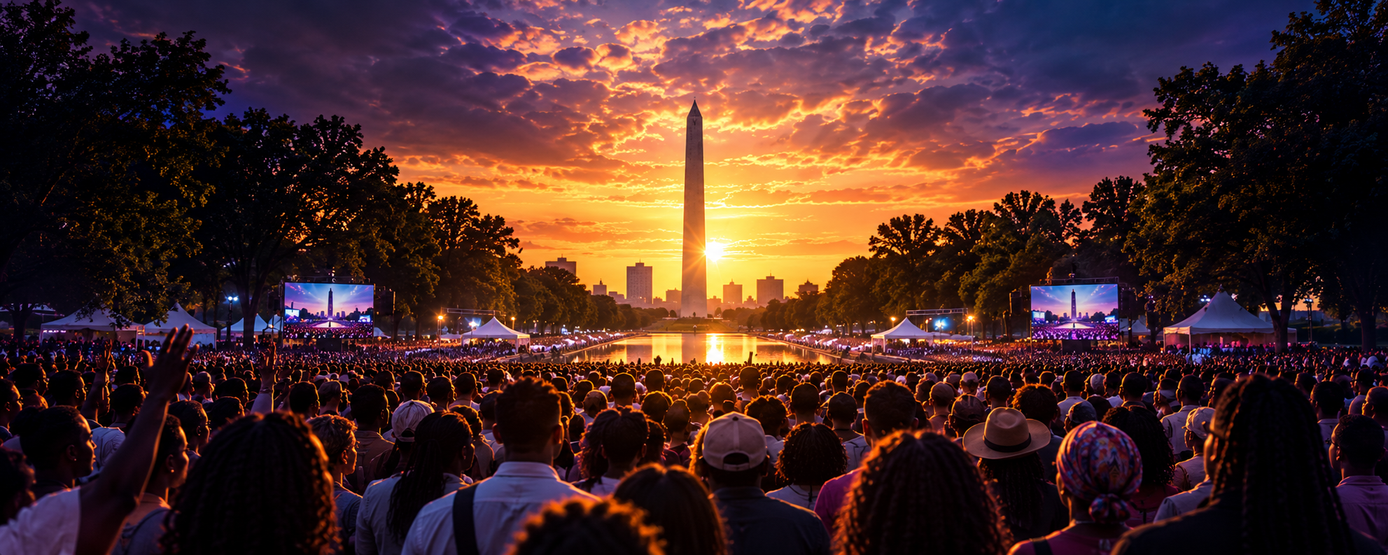 Washington Monument gathering at sunset with crowds and reflecting pool