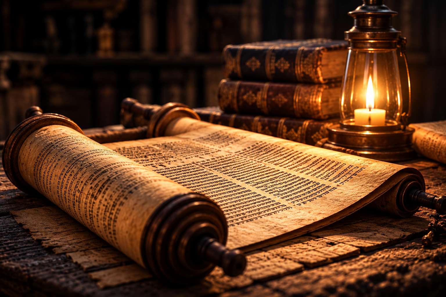 Ancient scripture scroll illuminated by candle lantern