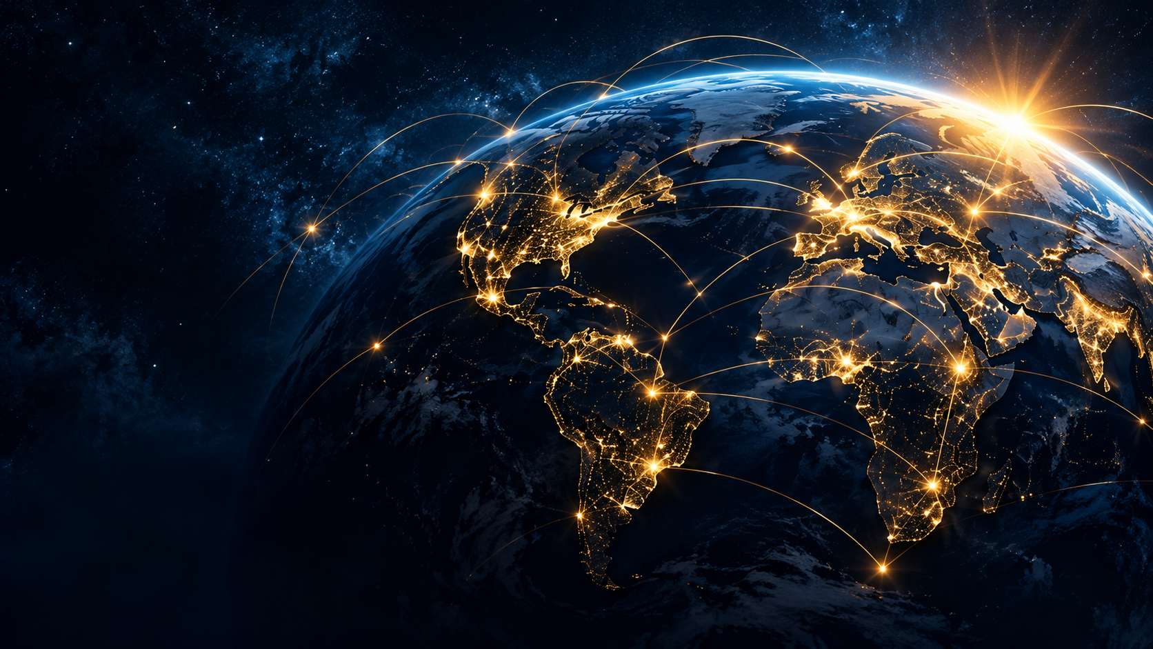 Illuminated global network lines encircling Earth in space
