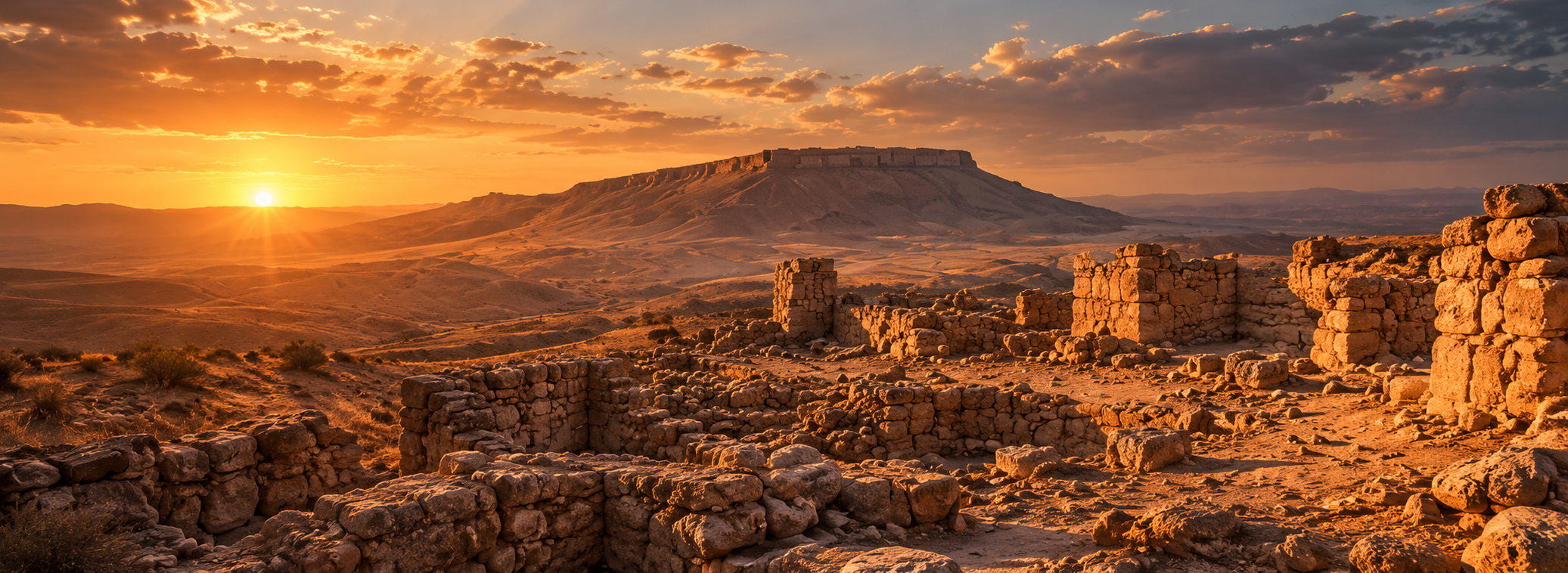 Tel Arad golden-hour desert ruins and mesa under dramatic sunset