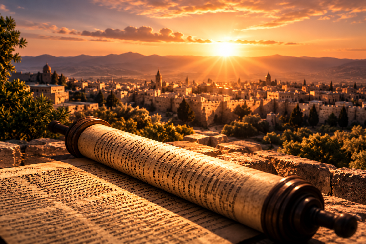 Scroll overlooking ancient city at golden sunset