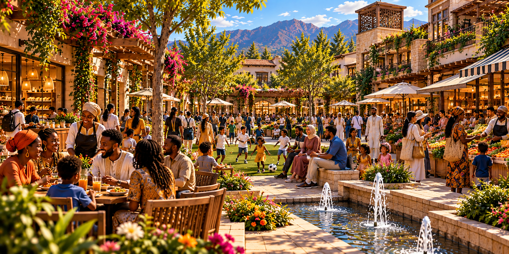 Conceptual Neighborhood Center, market plaza, cafes, fountains, and pedestrian life