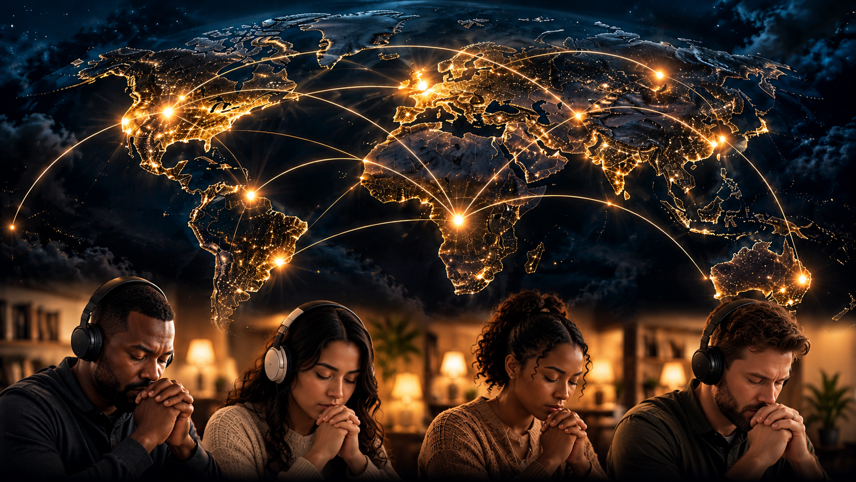 Scattered across the world gathered before one Father — global prayer with illuminated world map