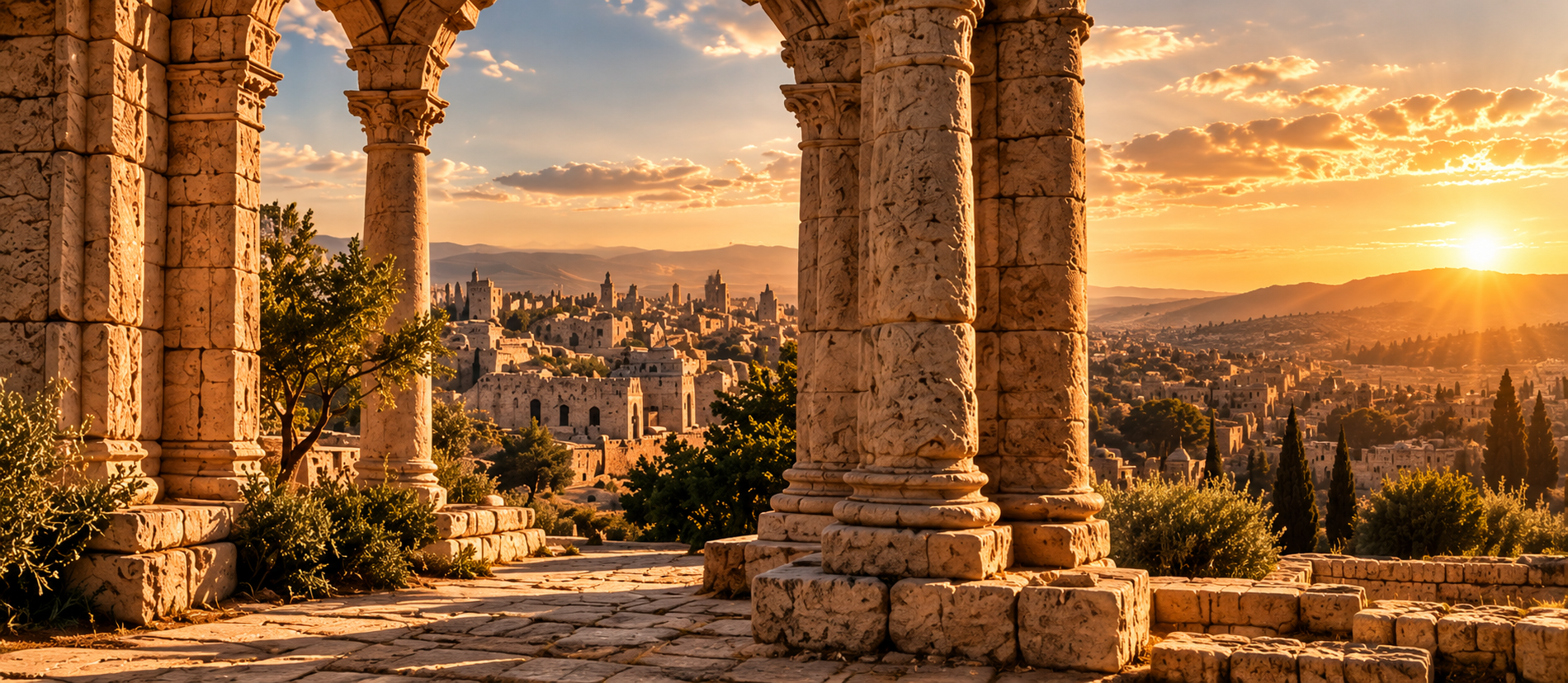 Ancient stone pillars and arches overlooking Levantine biblical landscape at sunrise