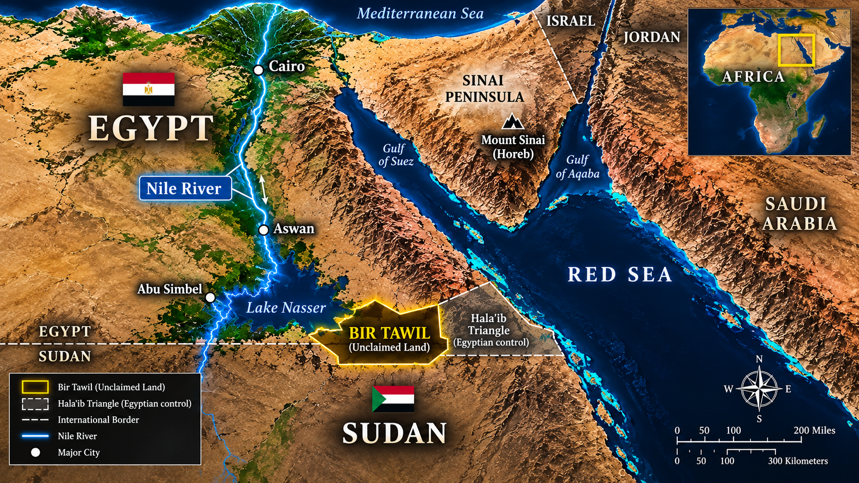 Geographic Map of Bir Tawil in northeastern Africa between Egypt and Sudan