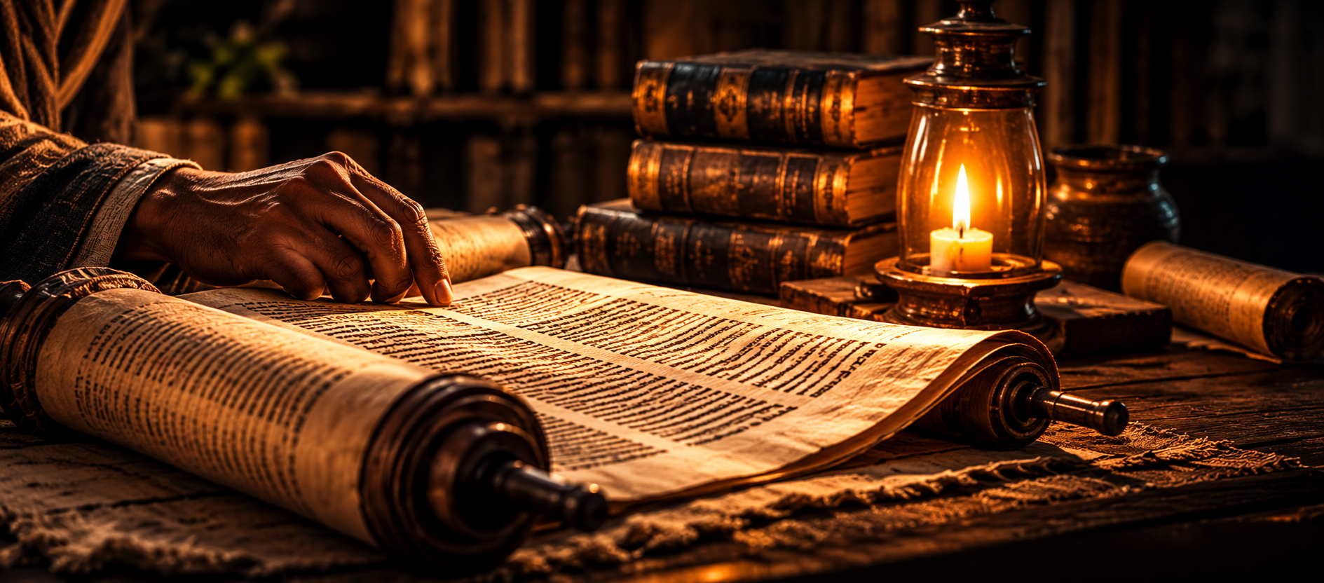 Ancient scripture scroll with hand, stacked leather volumes, and glowing candle lantern
