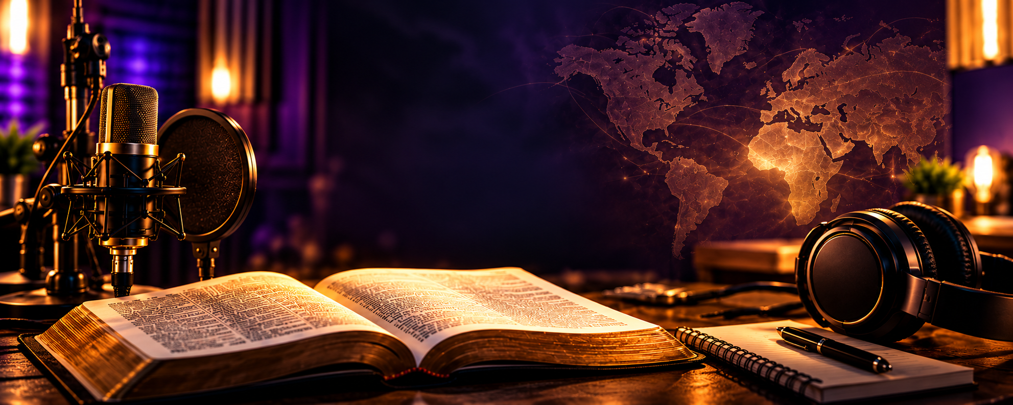 House of Prayer 24•7 Broadcast Studio — Open Bible, Microphone, Headphones and World Map