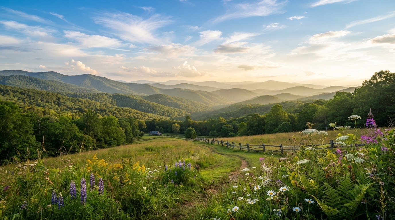 Appalachian mountains under a sunny blue sky with soft clouds and rolling green hills