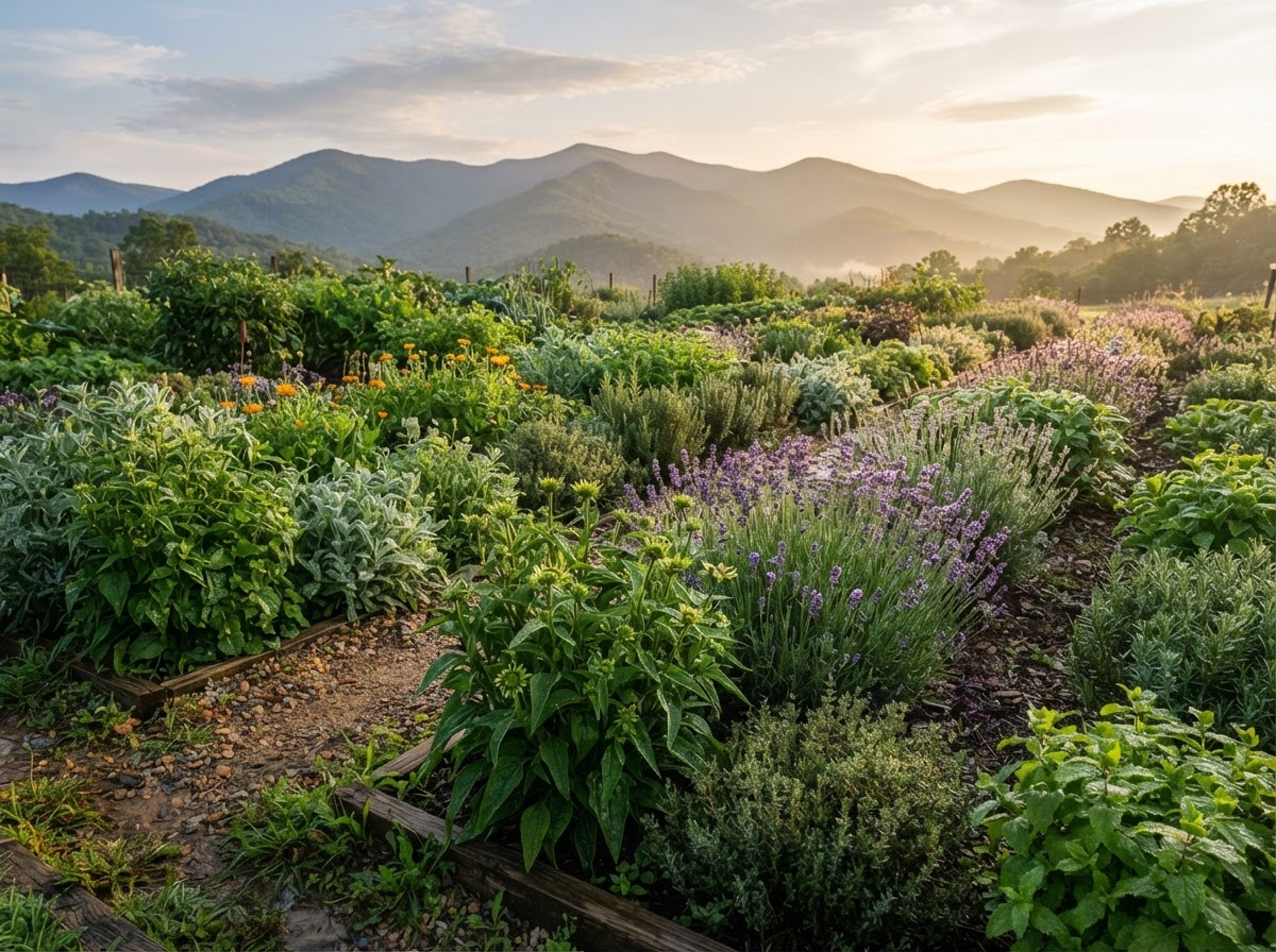 A lush medicinal herb garden with Appalachian mountains in the background