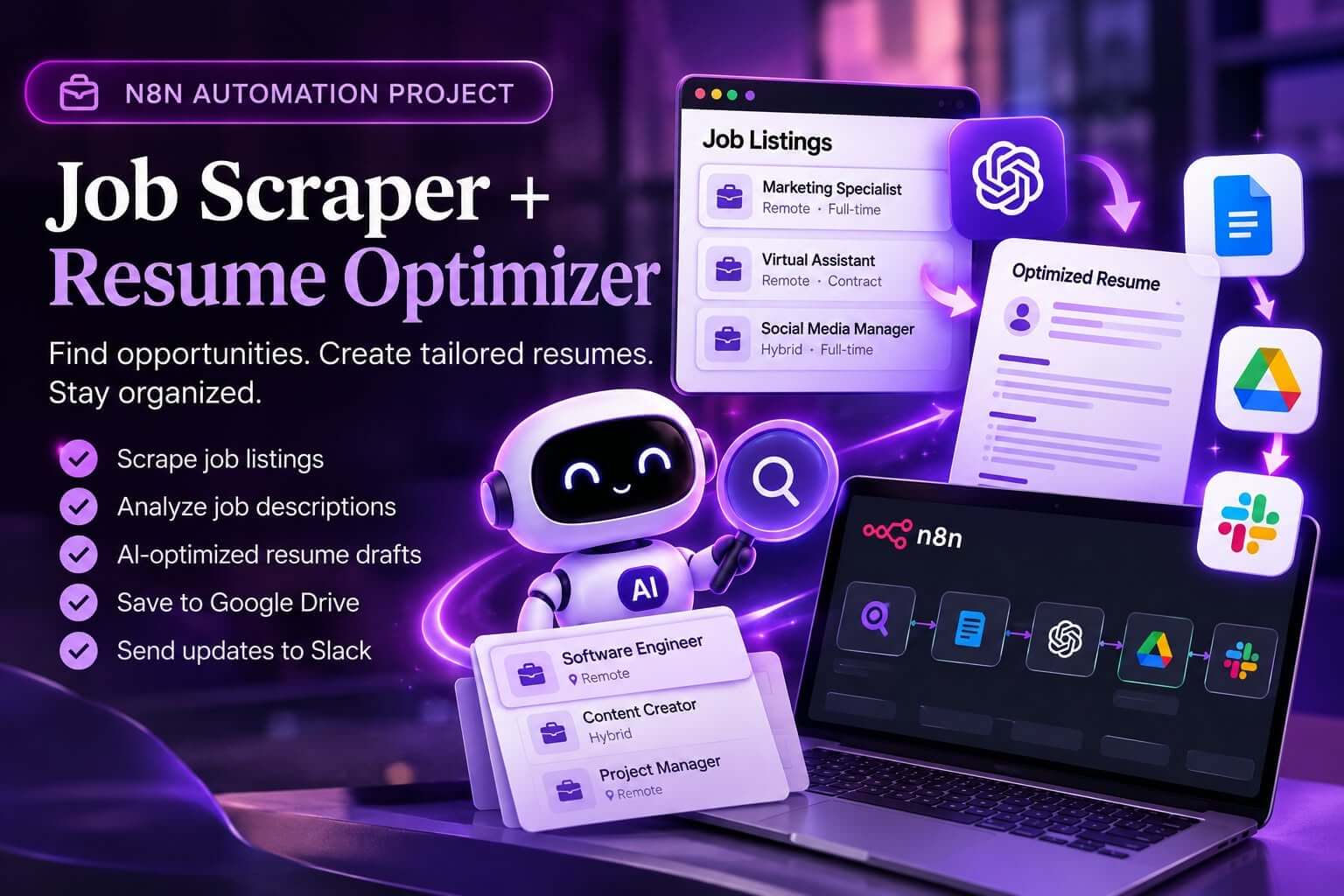 Job Scraper + Resume Optimizer thumbnail showing n8n automation flow, job listing ingestion, and AI-tailored resume pipeline