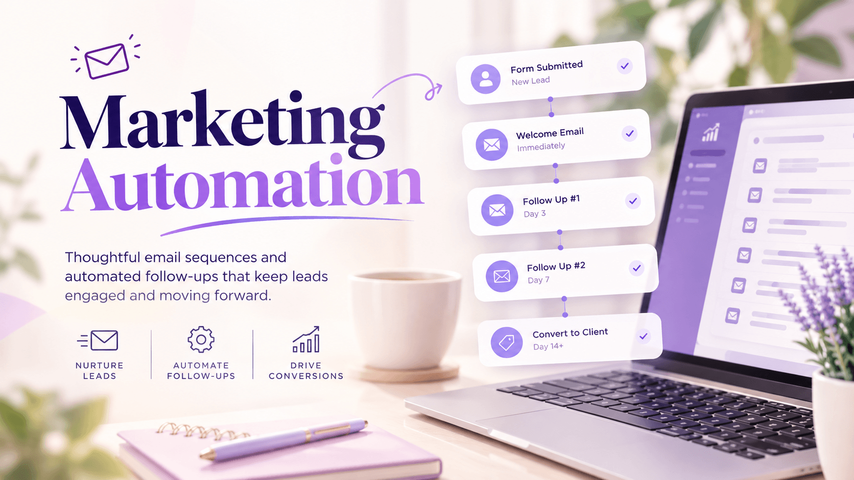 Marketing Automation — Form Submitted, Welcome Email, Follow Up sequences, and Convert to Client automated pipeline