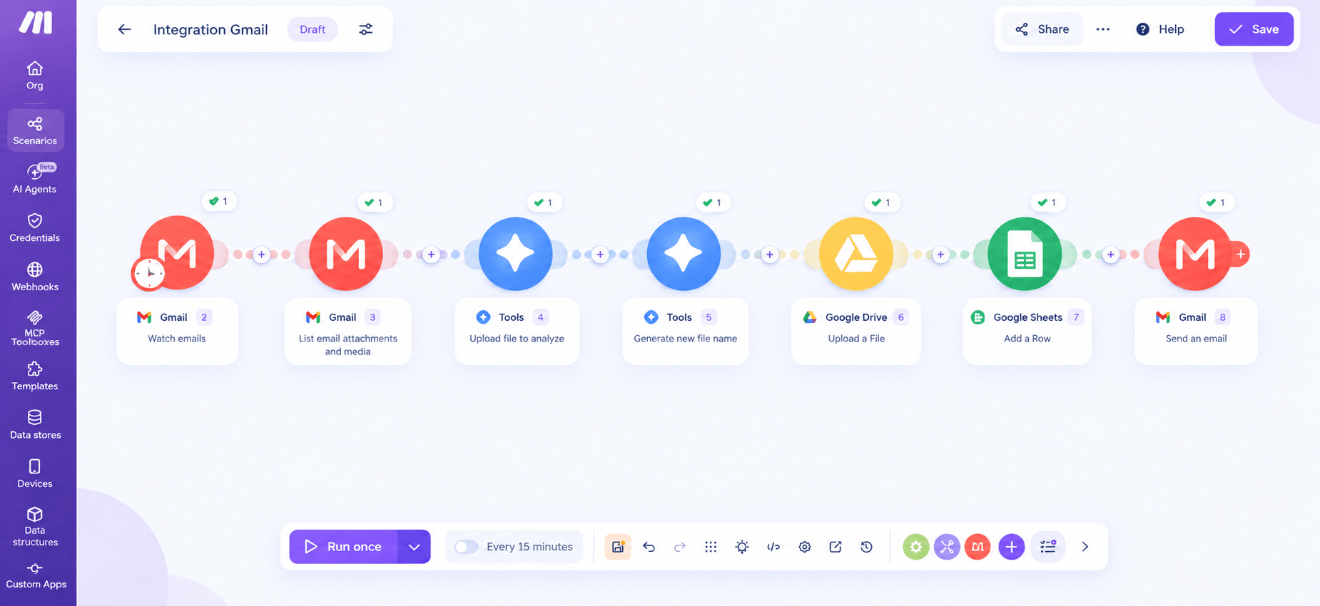 Authentic Make.com Integration Gmail workflow: Watch emails, List attachments, Upload file to analyze, Generate file name, Upload to Drive, Add to Sheets, and Send email