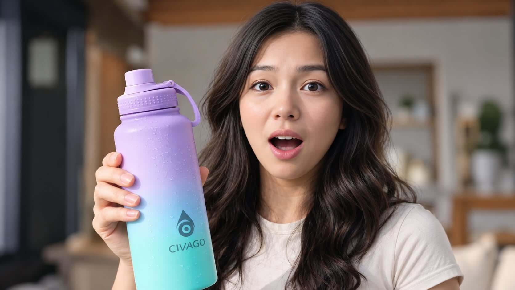 Civago insulated water bottle UGC demonstration featuring expressive creator presentation