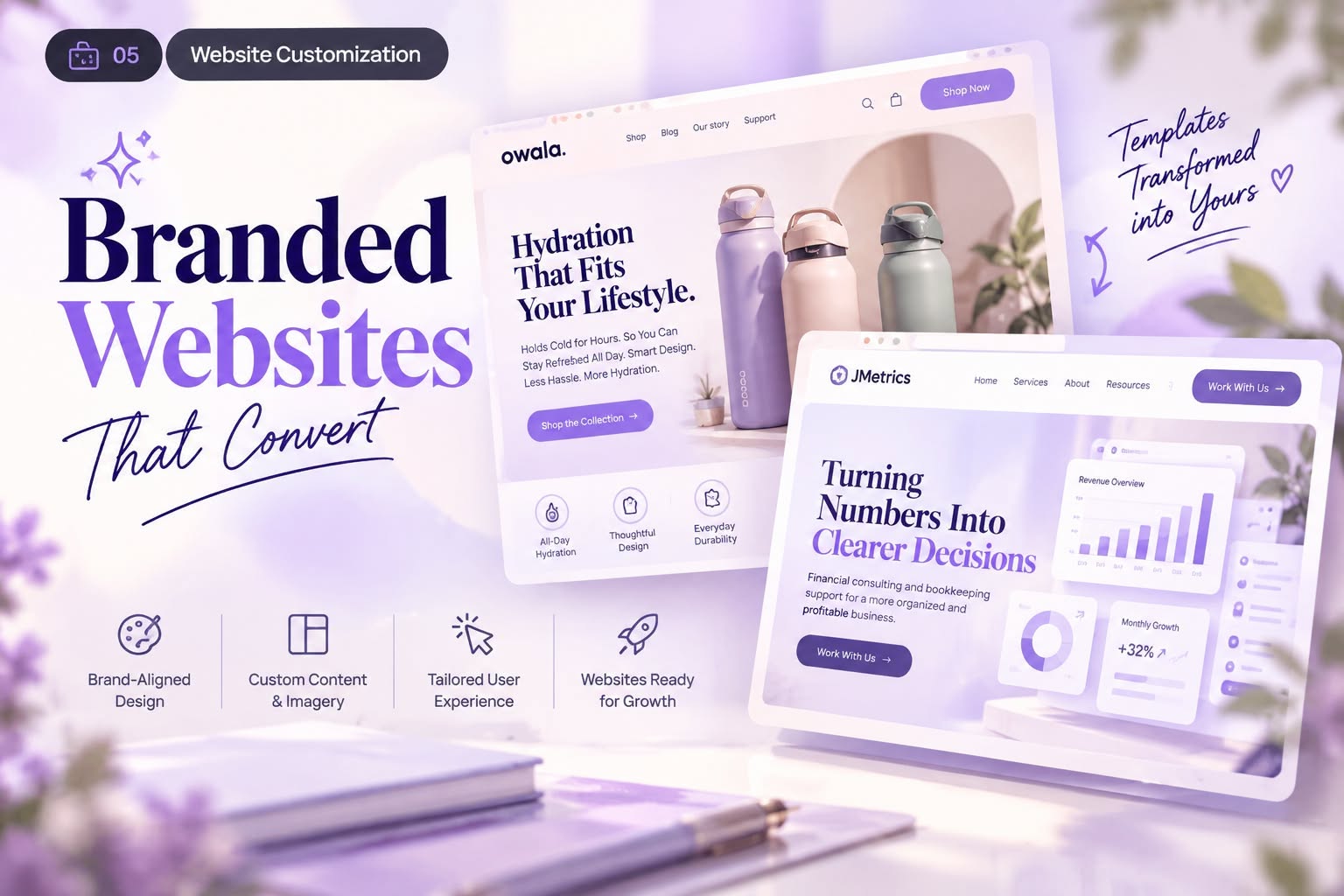 Website Customization — Branded Websites That Convert featuring Owala and JMetrics template customization mockups