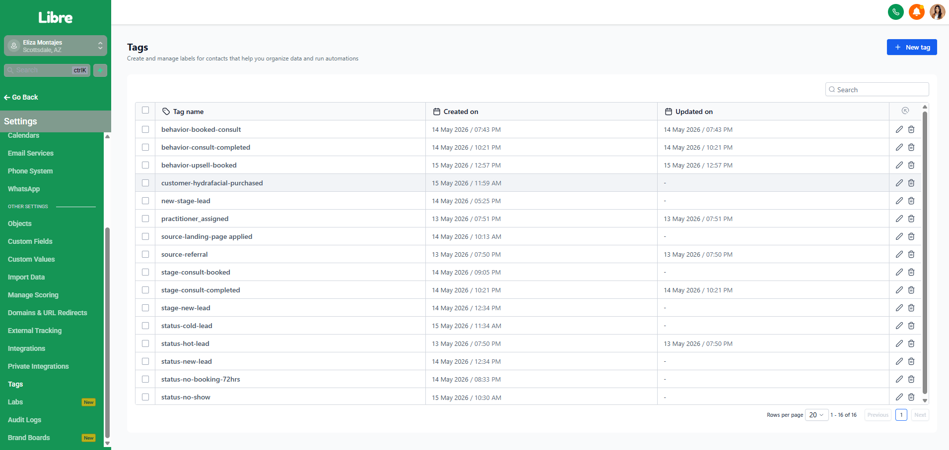 Glow Theory Contact Tags library showing behavior, stage, and status taxonomy