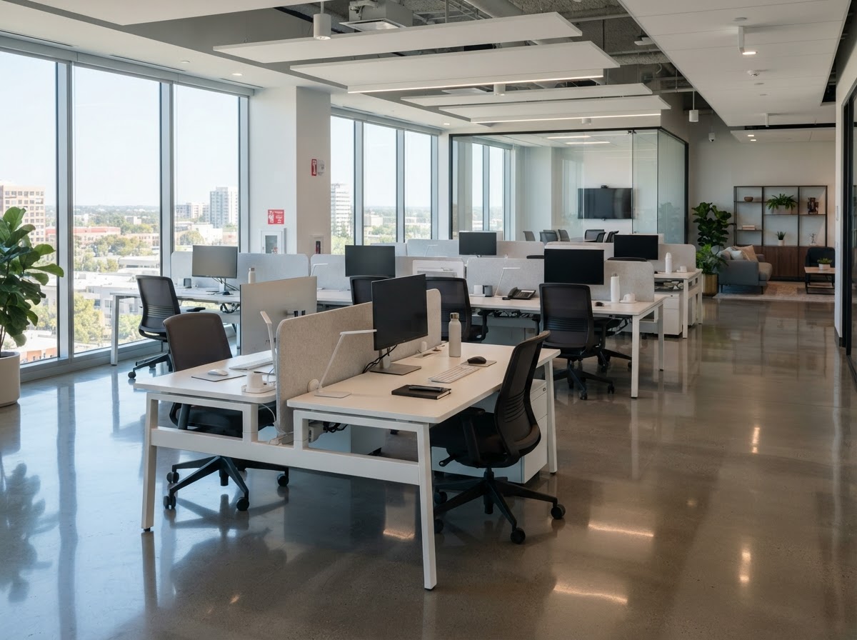 A clean, organised commercial office with polished floors