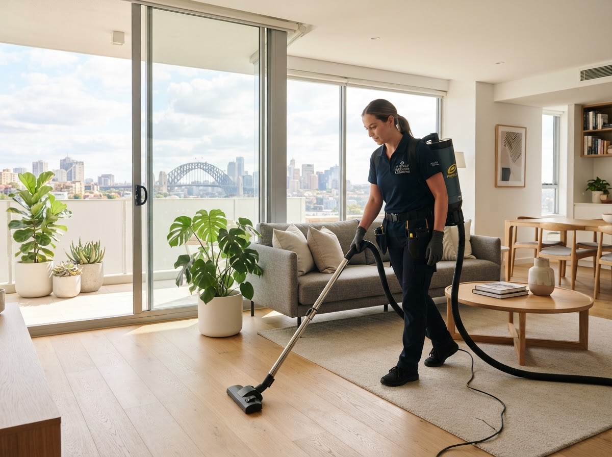 A professional cleaner vacuuming a tidy living room floor