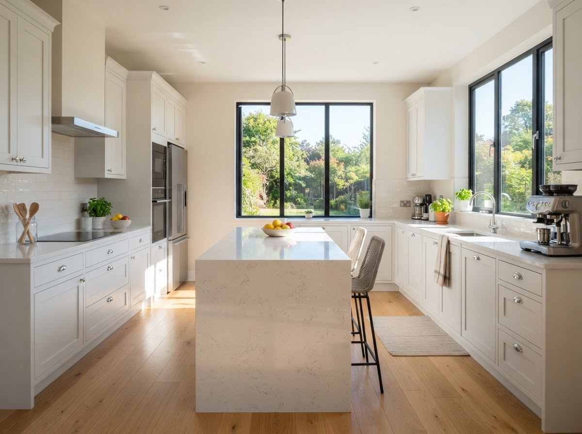 A spotless modern kitchen with gleaming surfaces after a clean