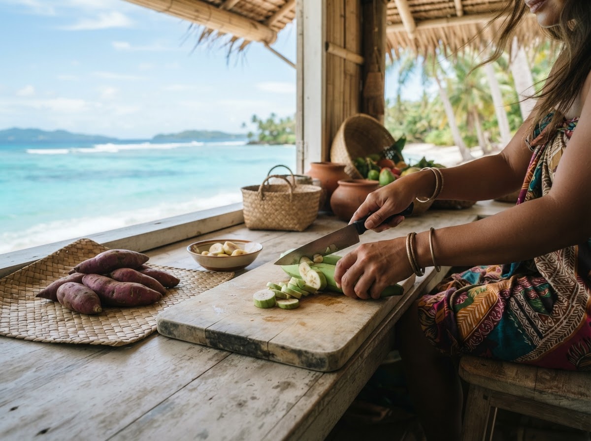 Hands slicing fresh green bananas in an open-air beach kitchen with turquoise sea beyond