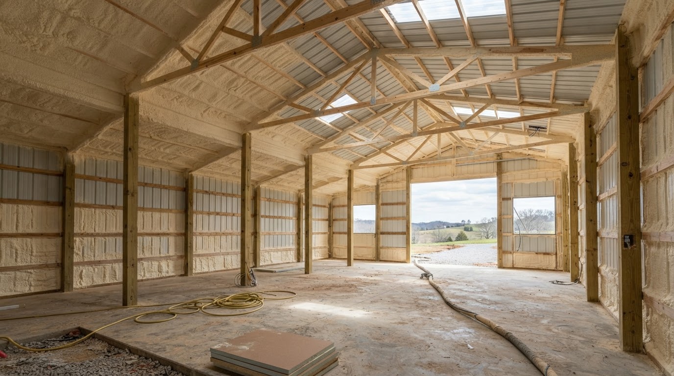 Before and after pole barn spray foam insulation near Spring Hill, Tennessee