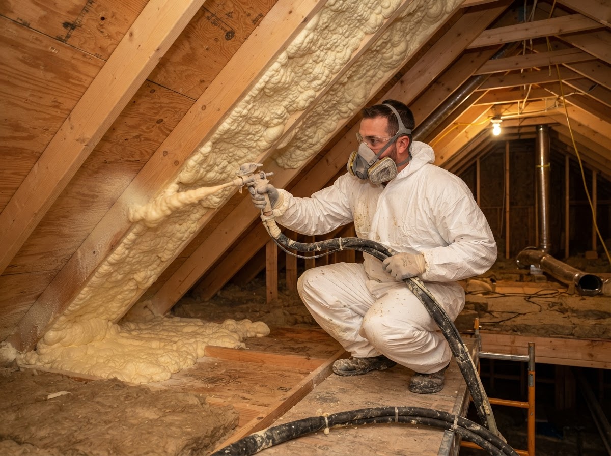 Attic spray foam insulation application between rafters in Murfreesboro