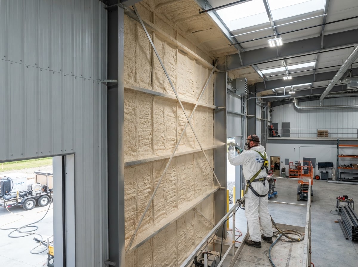 Closed cell spray foam applied to metal building rafters and wall beams