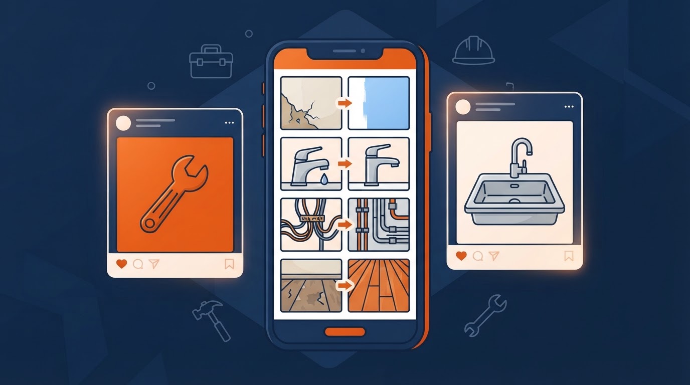 A smartphone showing a grid of before-and-after repair photos with floating social post cards, on a navy background