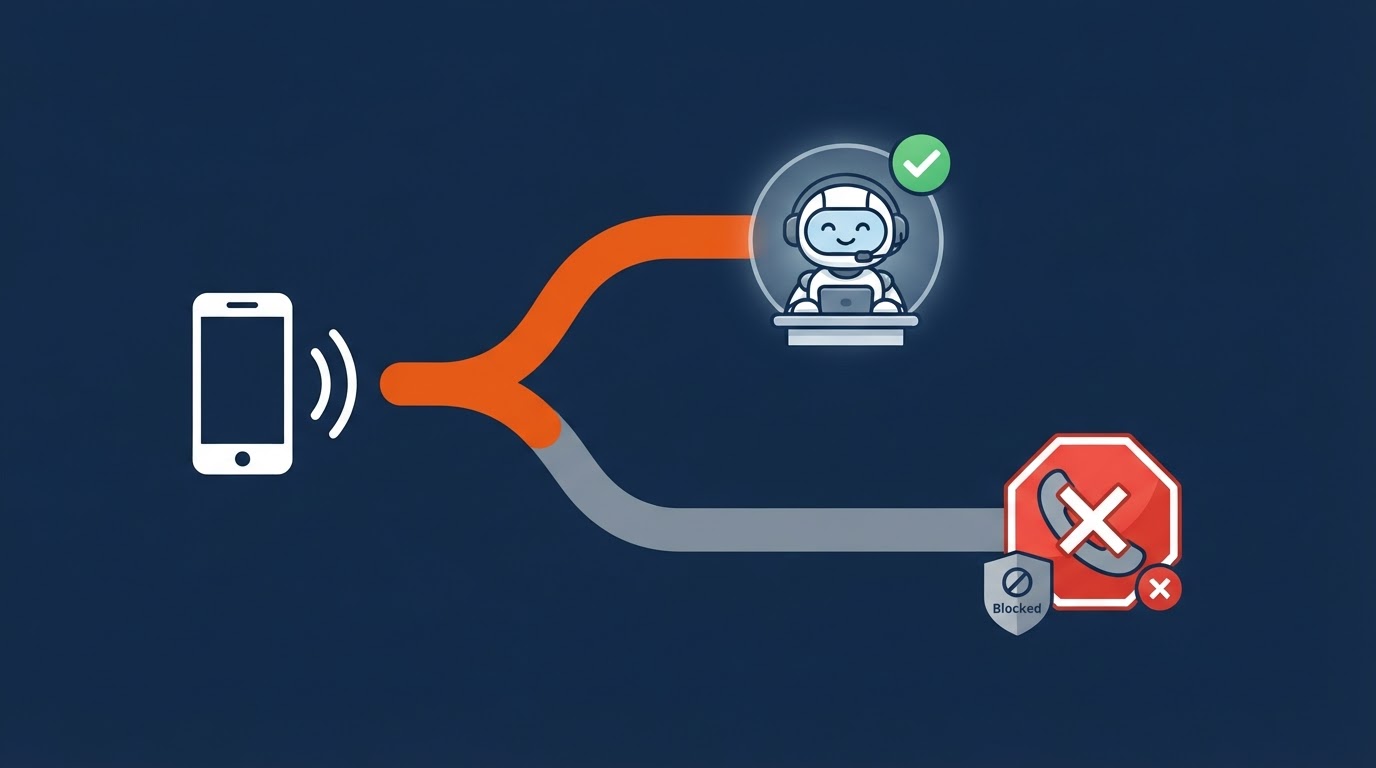 An incoming call splitting into two paths: real customers go to the AI receptionist with a checkmark, spam calls are blocked with an X