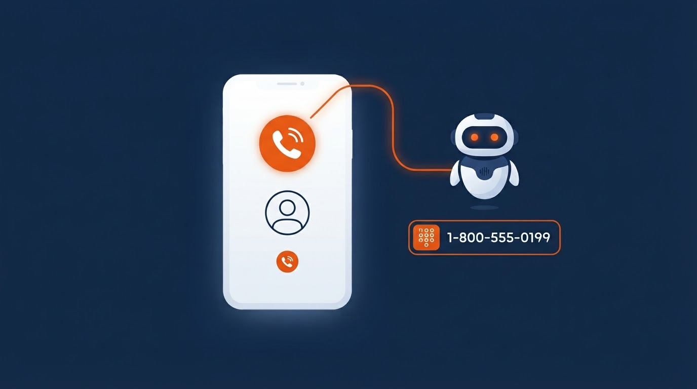A white phone showing an incoming call linked by an orange line to an AI receptionist icon and a tracking number badge, on a navy background